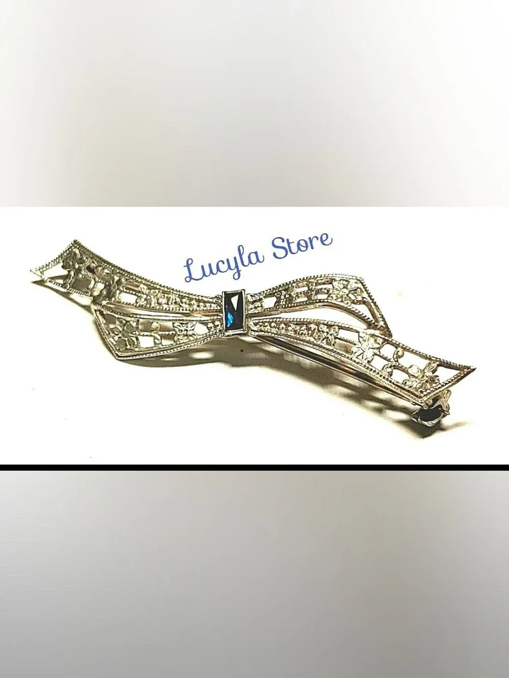 Vintage Sterling Silver 925 ART DECO Blue Rhinestone Bow Brooch /Pin hallmark